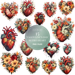 15 Stück Valentinstag Retro Herz Clipart PNG Bundle, Herz POD erlaubt digitale Kunst, echte Herz Illustration, kommerzielle Nutzung, Sublimationskunst