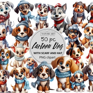 Cute Cartoon Winter Dogs 50 pc PNG Bundle, Cute Puppy with Scarf and Hat, POD Allowed Digital Art, Commercial Use, Christmas & Dog Clipart