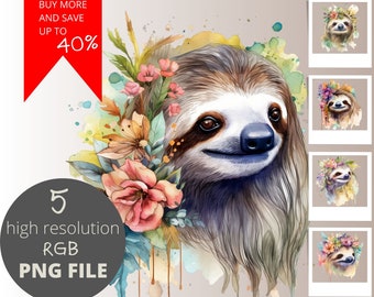 5 Cute Floral Sloth Water Color Animal PNG Bundle, Animal Clipart, POD Allowed Digital Art Illustration for Commercial Use, 300 dpi