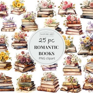 Livres romantiques vintage PNG Clipart Bundle, 25 pc Bookish Cricut Cut Files, Bookworm Reading Image, Commercial Use, Cricut Cut file