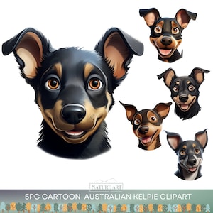 5pc Cartoon Australian Kelpie Dog Head Portrait PNG Bundle, Cute Dog POD Allowed Digital Art, Dog Breed Illustration, Sublimation Line Art