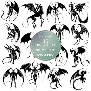 Jersey Devil Silhouette Line Art Svg Bundle, Monster Cryptid Clipart, POD permitido ilustración de arte digital, uso comercial, sublimación