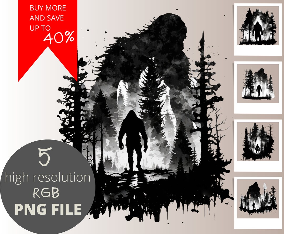 5pc Bigfoot Water Color PNG Bundle, Sasquatch Yeti Hiking Clipart, POD ...