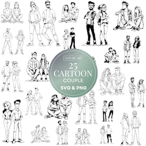 25 Stück Cartoon-Paar Schwarz und Weiß SVG & PNG Bundle, Junge Lovesrs Clipart, Beste Freunde Design Bild, kommerzielle Nutzung, Schnitt Datei