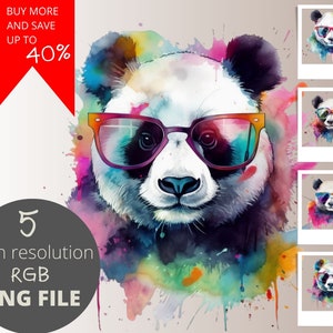 5 Cute Panda with Sunglasses Water Color Animal PNG Bundle, Animal Clipart, POD Allowed Digital Art Illustration for Commercial Use, 300 dpi