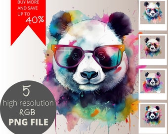 5 Cute Panda with Sunglasses Water Color Animal PNG Bundle, Animal Clipart, POD Allowed Digital Art Illustration for Commercial Use, 300 dpi