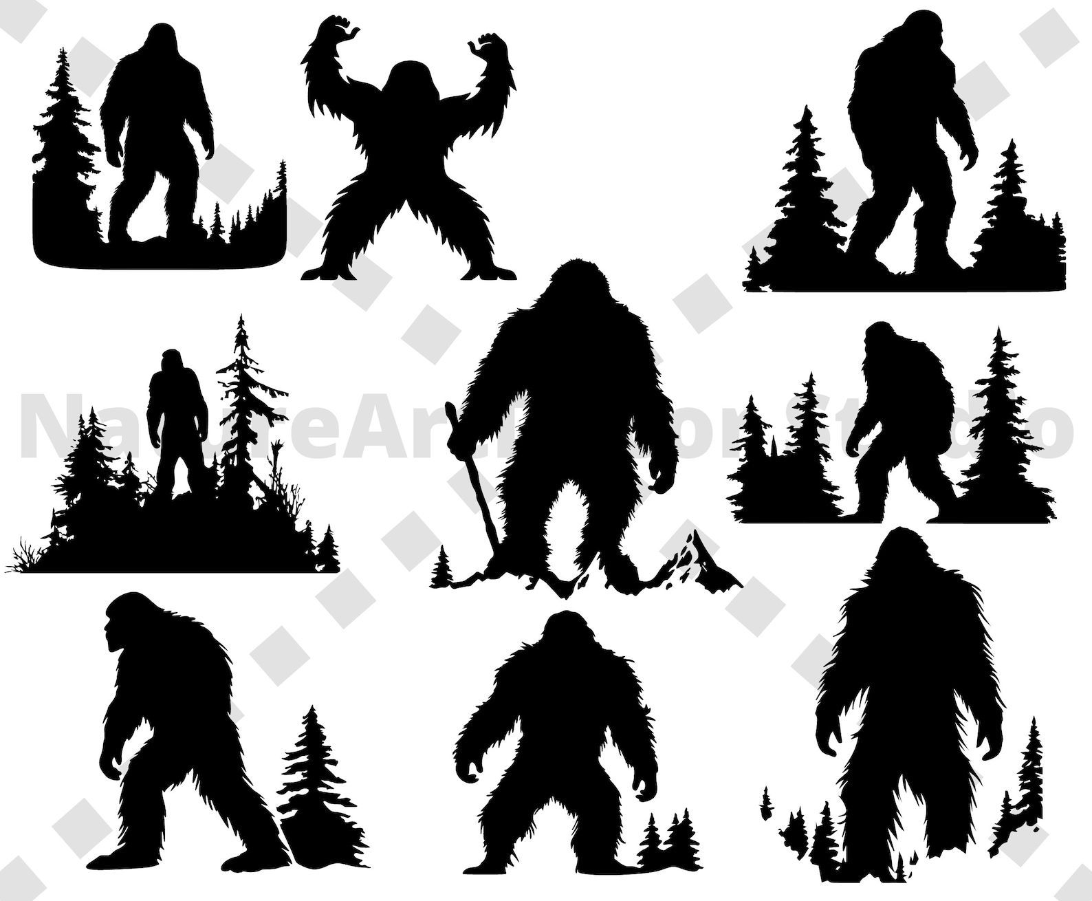Bigfoot Silhouette Line Art Svg Bundle, Sasquatch Yeti Clipart, POD ...