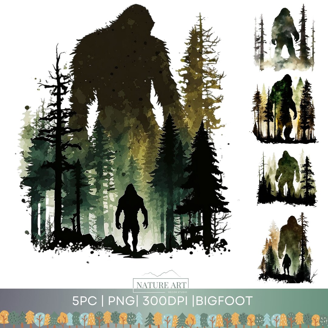 5pc Bigfoot Water Color PNG Bundle, Sasquatch Yeti Hiking Clipart, POD ...