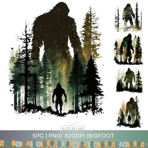 5pc Bigfoot Water Color PNG Bundle, Sasquatch Yeti Hiking Clipart, POD Allowed Digital Art Illustration for Commercial Use, Sublimation