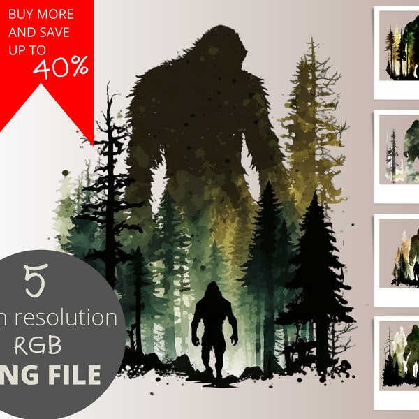 5pc Bigfoot Water Color PNG Bundle, Sasquatch Yeti Hiking Clipart, POD Allowed Digital Art Illustration for Commercial Use, Sublimation