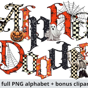Halloween Doodle Alphabet Letters, 5 Full Spooky Gothic Alpha PNG Bundle, Pumpkin & Skull Clipart, Number, Sublimation ABC, Commercial Use