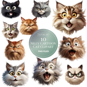 10pc Silly and Grumpy Cat Face Portrait Clipart PNG Bundle, Cute Kitty POD Allowed Digital Art, Cat Illustration, Sublimation Line Art