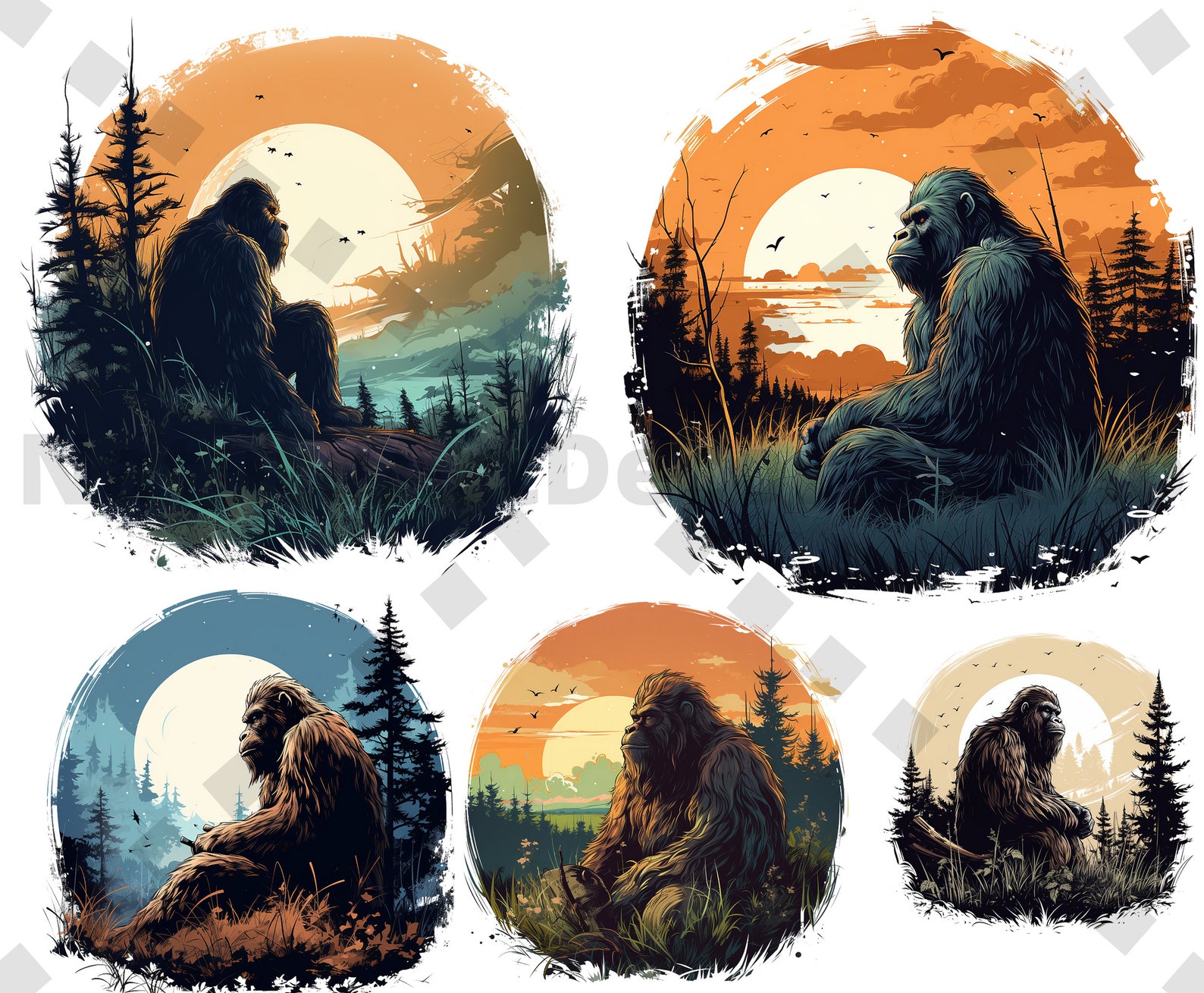 Bigfoot at Midnight PNG Bundle, Vintage Sasquatch Imges, Yeti Clipart ...