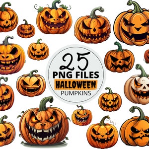 25pc Halloween Pumpkins Image Bundle, Autumn, Fall Scary Clipart Images, Cricut Silhouette Cut File, Commercial Use, Digital Download