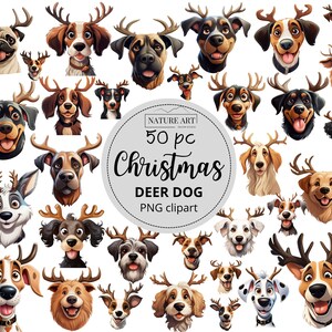 50pc Noël dessin animé cerf chien avec bois PNG Bundle, mignon hiver chiot POD autorisé art numérique, illustration de chien, utilisation commerciale