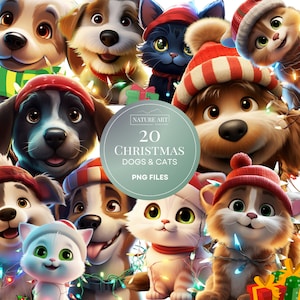 Mignon dessin animé Noël chats et chiens 20 pc PNG Bundle, mignon chiot chien et chat POD autorisé art numérique, utilisation commerciale, chat et chien Clipart