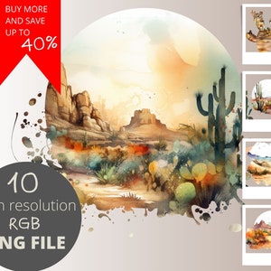 10pc Arisona Desert Water Color PNG Bundle, Cactus Shaped Clipart, POD Allowed Digital Art Illustration for Commercial Use, 300 dpi