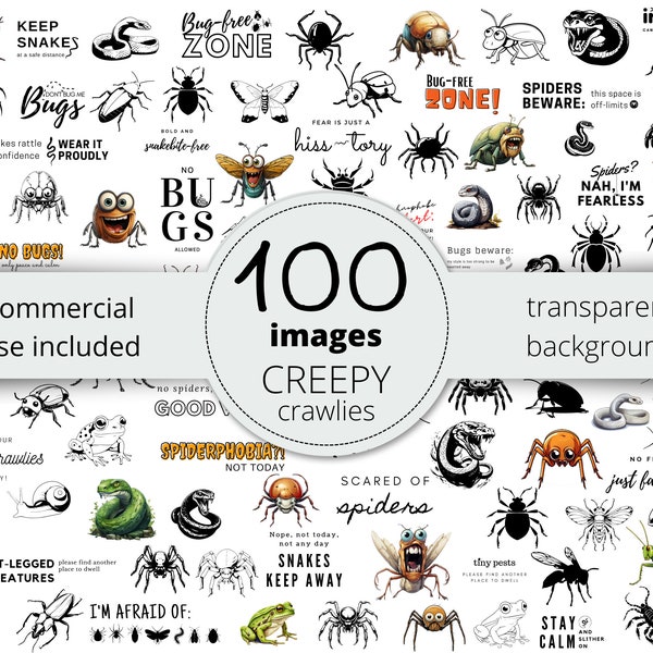 100pc Creepy Crawlies Image Bundle, Insect, Bug, Moth, Snake, Centipede, Spider, Pest PNG, SVG Cut File, Commercial Use, Digital Download