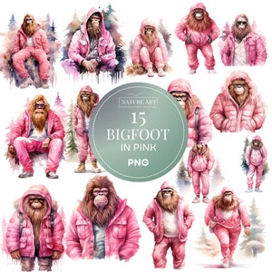 Bigüße im rosa PNG-Bundle, 15-teilige Girly Sasquatch-Bilder, Yeti Clipart, POD erlaubt Digital Art Illustration für kommerzielle Nutzung, Sublimation