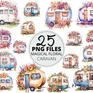 Flores encantadoras sobre ruedas, paquete PNG de caravana floral mágica de 25 piezas, archivos de corte de camping coloridos, PNG de caravana linda, uso comercial