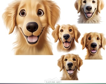 5 Stück Cartoon Golden Retriever Hund Clipart PNG Bundle, niedlicher Hund POD erlaubt digitale Kunst, Hunderasse Illustration, Sublimationslinie Kunst