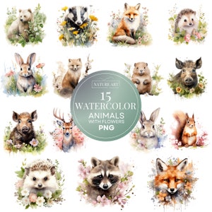 Pacote PNG de animais maravilhosos com flores de 15 unidades, clipart de animais em aquarela, design de flores de primavera, animais da floresta PNG, uso comercial incluído