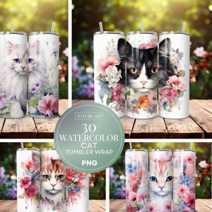 30pc Watercolor Cat Tumbler Wrap PNG Bundle, 20 oz Watercolor Painting Skinny Tumbler Wrap, Cat Design, Commercial Use, Sublimation Line Art