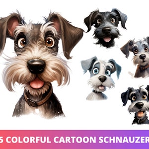 5pc Cartoon Schnauzer Head PNG Bundle, Cute Puppy POD Allowed Digital Art, Dog Breed Illustration, Commercial Use, Sublimation Anime