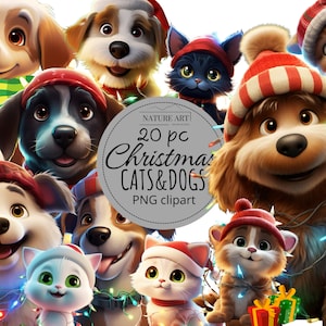 Cute Cartoon Christmas Cats and Dogs 20 pc PNG Bundle, Cute Puppy dog and cat POD Allowed Digital Art, Commercial Use, Cat & Dog Clipart