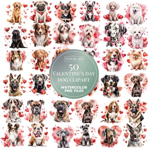 50 Stück Valentinstag Aquarell Hund PNG Bundle, POD des Hundeliebhabers erlaubt digitale Kunst, Hunderasse Illustration, kommerzielle Nutzung, Sublimationskunst