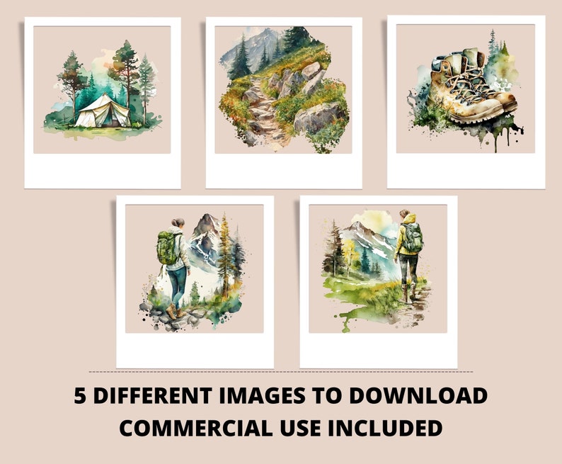 5pc Hiking Girl Watercolor PNG Bundle, Printable Wanderlust Digital