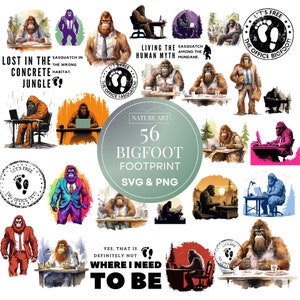 Gratis de Office Bigfoot 56pc Image Bundle, Sasquatch Yeti PNG SVG Clipart, POD Toegestane Digitale Illustratie voor Commercieel Gebruik, Sublimatie