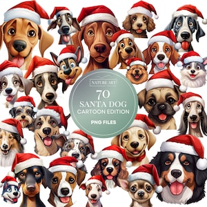 Cute Cartoon Christmas Dogs 70 pc PNG Bundle, Cute Puppy dog with Santa Hat POD Allowed Digital Art, Commercial Use, Santa & Dog Clipart