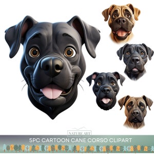 5 Stück Cartoon Cane Corso Hundekopf Clipart PNG Bundle, niedlicher Hund POD erlaubt digitale Kunst, Hunderasse Illustration, Sublimation Line Art