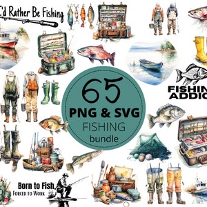65pc Fishing PNG & SVG Clipart Bundle, Watercolor Fish, Fishing Item, Fisherman catching Fish Clip Art Images, Commercial Use, 300 DPI