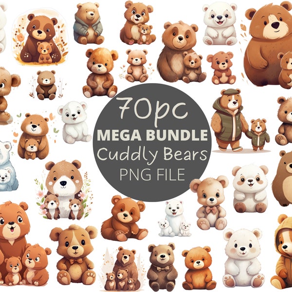 70pc Cute Cuddly Bears PNG Bundle, Delightful Drawings of Adorable Teddy Bear, cute bear illustration, Commercial Use, Bear Family