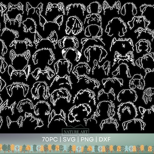 Oreilles de chien 70pc Doodle SVG | PNG | Bundle DXF, image de contour de race de chien, art de maman de chien, métiers de dessin de chiens, art de mur de chien, tatouage de ligne simple de chien