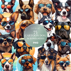 Pacchetto PNG di cane cartone animato da 75 pezzi con occhiali da sole, POD di amante dei cani consentito arte digitale, illustrazione della razza canina, uso commerciale, arte di sublimazione