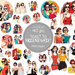 Pacote PNG Brinde à Amizade de 40 unidades, clipart de amigos retrô, imagem de design BFF, uso comercial, edição de melhores amigos