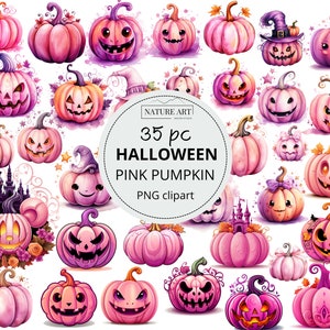 Halloween Pink Pumpkins Image Bundle, 35pc PNG Autumn, Fall Scary Clipart, Cricut Silhouette Cut File, Commercial Use, Digital Download