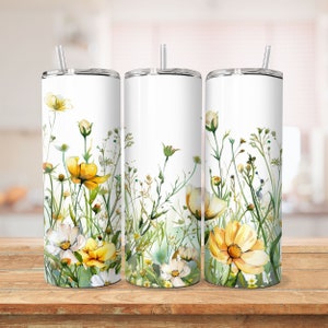 10-częściowy zestaw akwarelowych kwiatów na kubki PNG, 20-uncjowy wąski zestaw Boho Meadow na kubki, do użytku komercyjnego, wzór sublimacji na kubki z dzikimi kwiatami