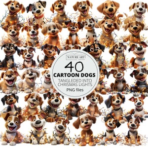 Schattige Cartoon Kerst Honden 40 pct PNG Bundel, Schattige Puppy Hond Verstrikt In Kerstverlichting POD Toegestaan Digitale Kunst, Commercieel Gebruik Clipart