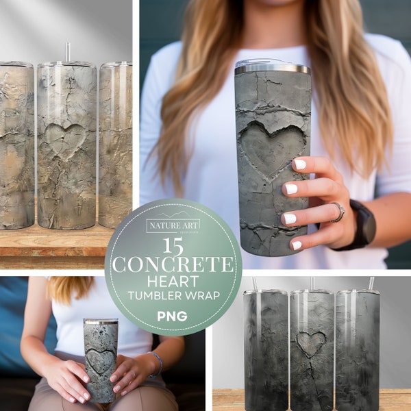 15pc Concrete Heart Tumbler Wrap PNG Bundle, 20 oz Beton Natural Skinny Tumbler Wrap, Commercial Use, Sublimation Carving Tumbler Design