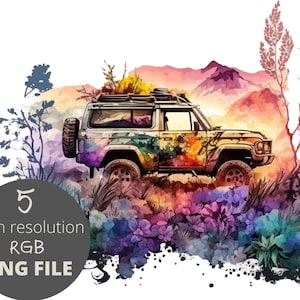 5pc Offroad Water Color PNG Bundle, Adventure Car 4x4 Vehicle Clipart, POD Allowed Digital Art Illustration for Commercial Use, Sublimation