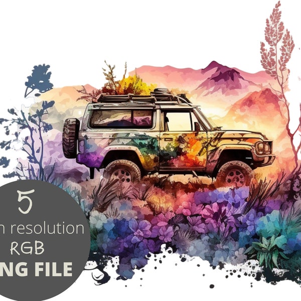 5pc Offroad Water Color PNG Bundle, Adventure Car 4x4 Vehicle Clipart, POD Allowed Digital Art Illustration for Commercial Use, Sublimation