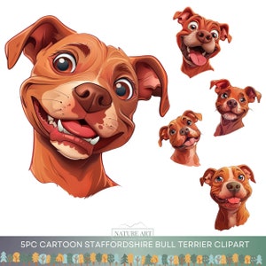 5pc Cartoon Red Staffordshire Bull Terrier  Head PNG Bundle, Cute Dog POD Allowed Digital Art, Dog Breed Illustration, Sublimation Line Art