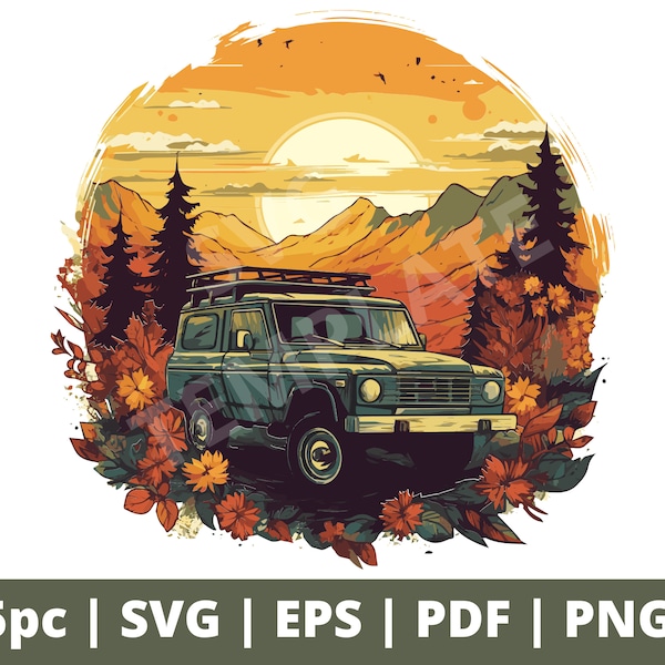 5 Stück Offroad SVG | EPS | PDF | Png Bundle, Abenteuer Auto 4x4 Fahrzeug Print Design Symbol Schablone, LKW Suv Silhouette Vektor geschnitten Datei