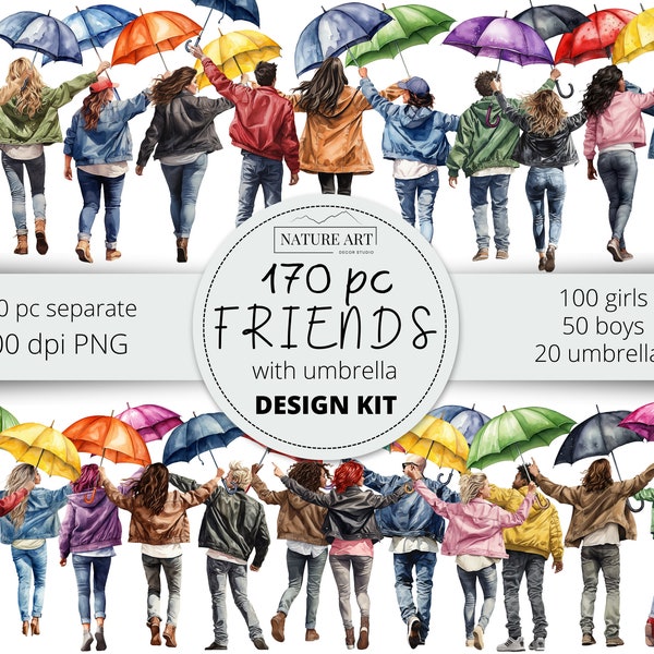 Best Friends Creator Kit with Umbrella, Besties Watercolor PNG Mega Bundle DIY Clipart, Friendship, BFF Design Image, Commercial Use