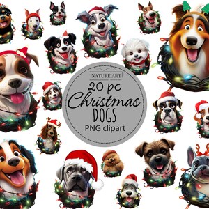 Funny Cartoon Christmas Dogs 20 pc PNG Bundle, Cute Puppy dog with Santa Hat POD Allowed Digital Art, Commercial Use, Cute Dog Clipart