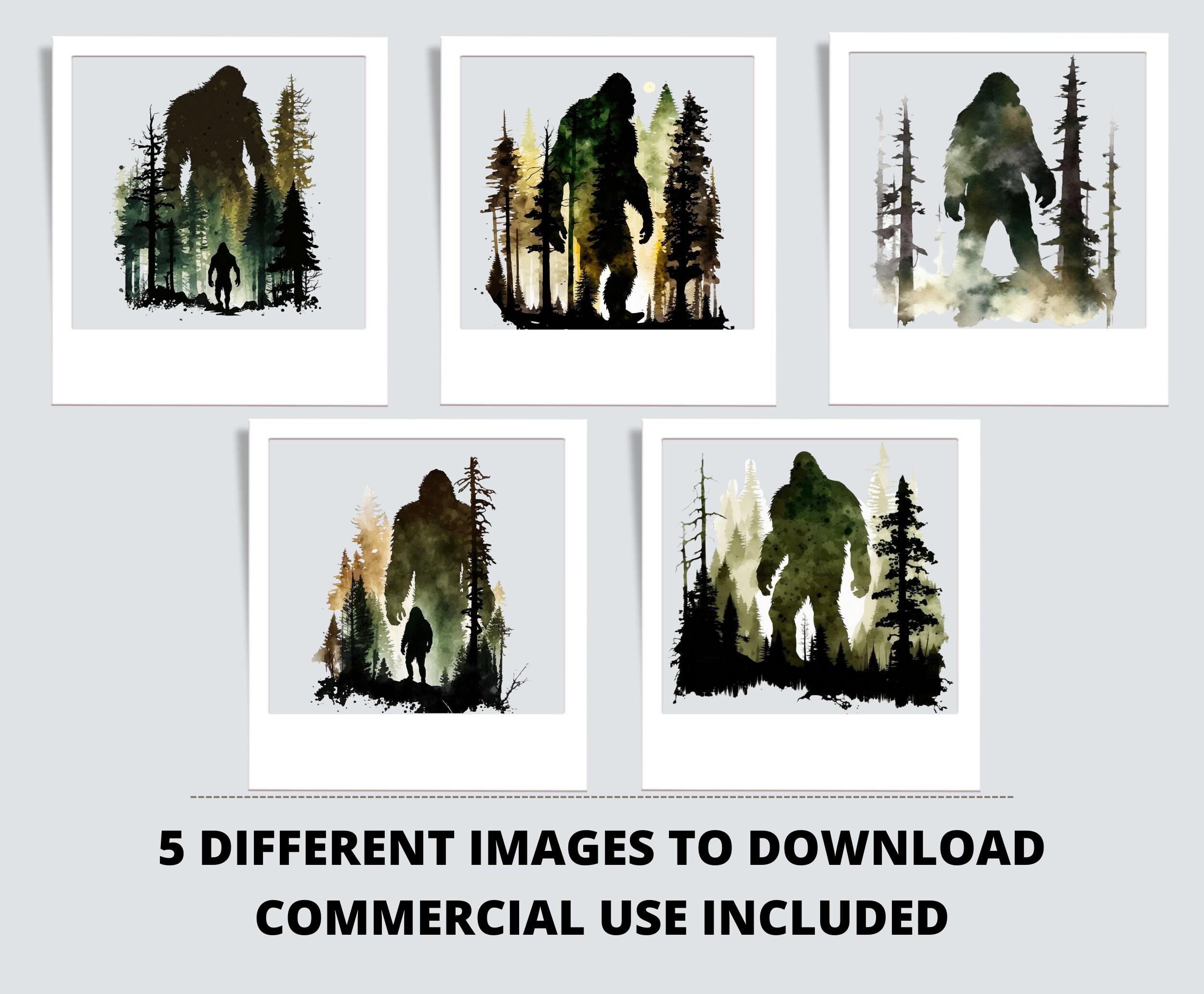 5pc Bigfoot Water Color PNG Bundle, Sasquatch Yeti Hiking Clipart, POD ...